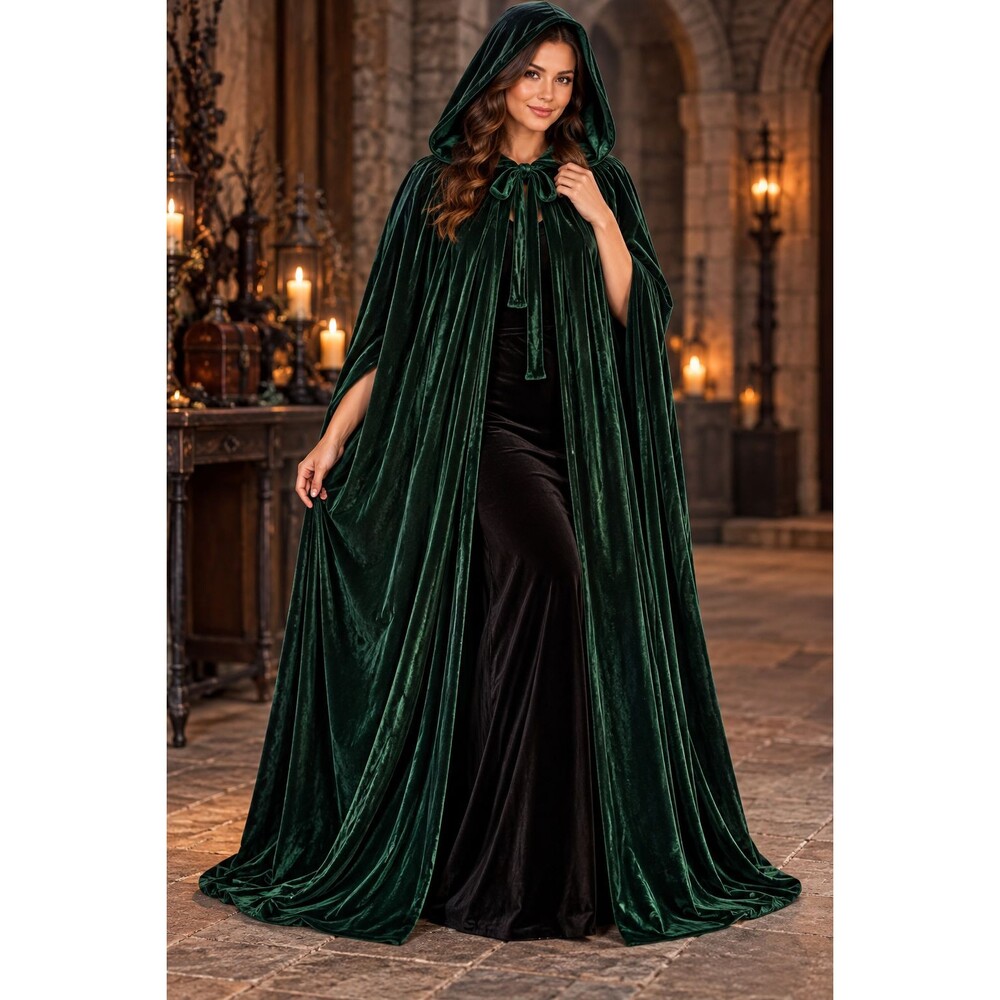 Green Velvet Hooded Cloak Cape Costume Adult Vampire Witch Long